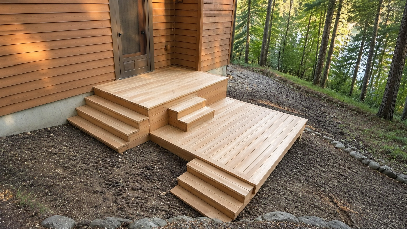 Cedar deck and stairs beside a forest home