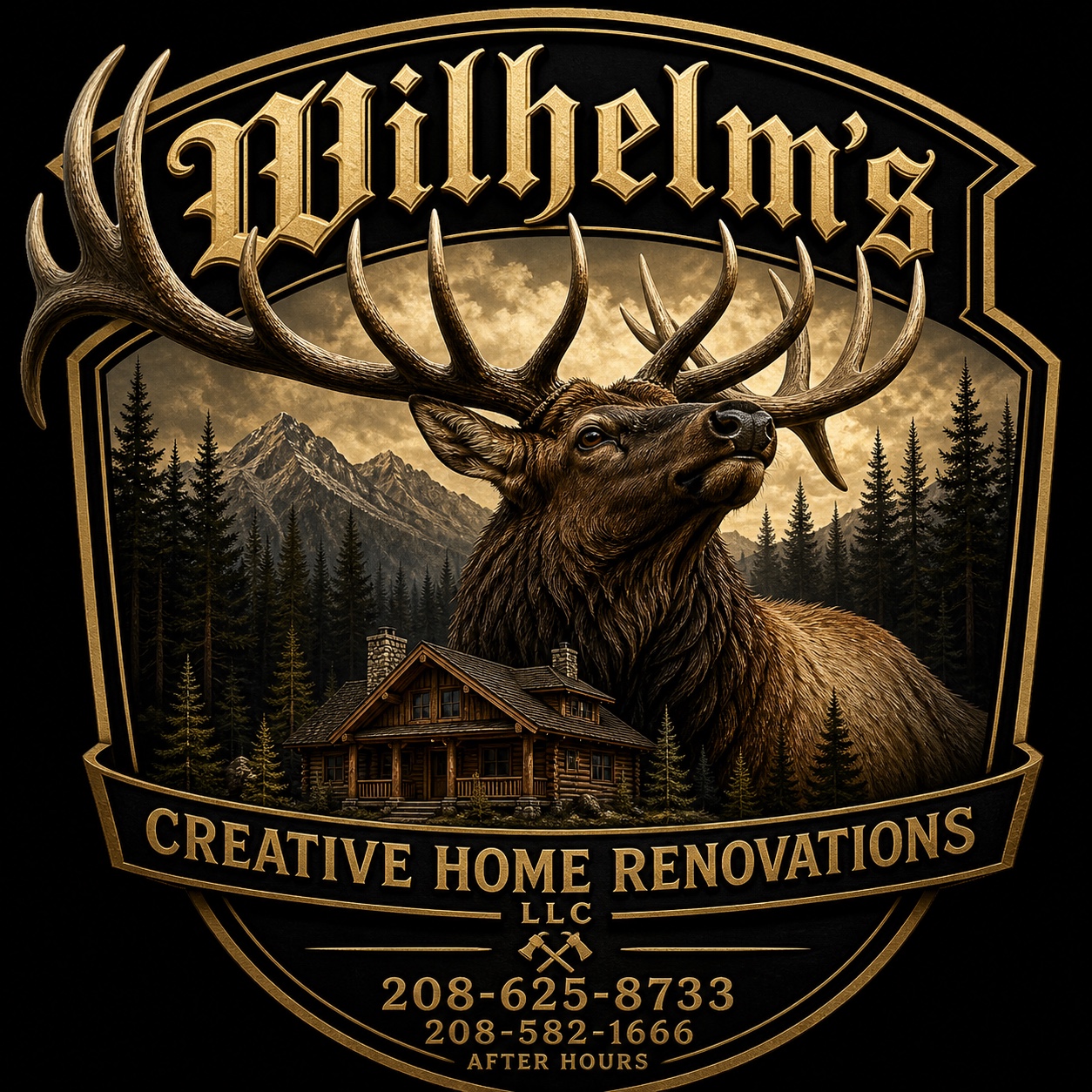 Wilhelm’s Creative Home Renovations elk and cabin logo